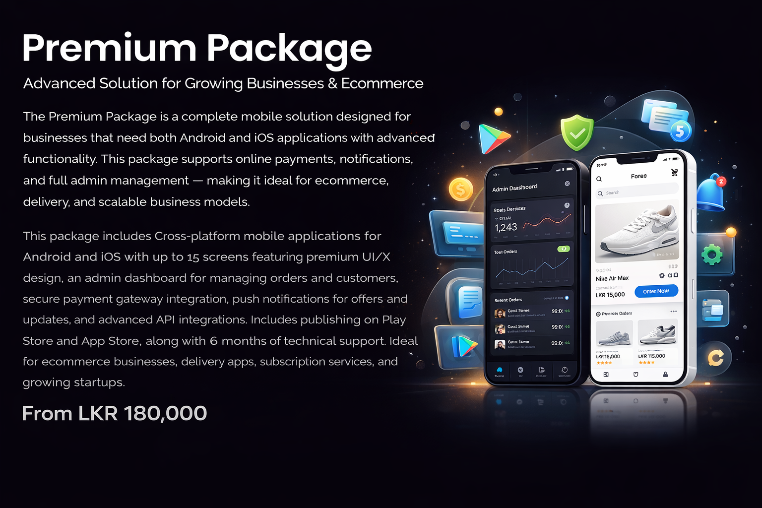 Premium Mobile App Development Package in Sri Lanka with Android and iOS apps, admin dashboard and payment gateway integration