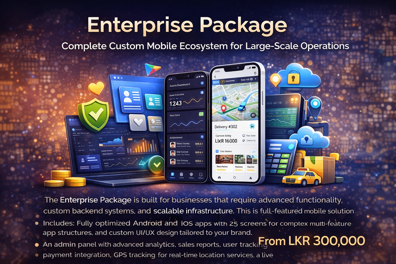 Enterprise Mobile App Development Package Sri Lanka with cloud backend, GPS tracking, analytics dashboard and scalable Android & iOS apps