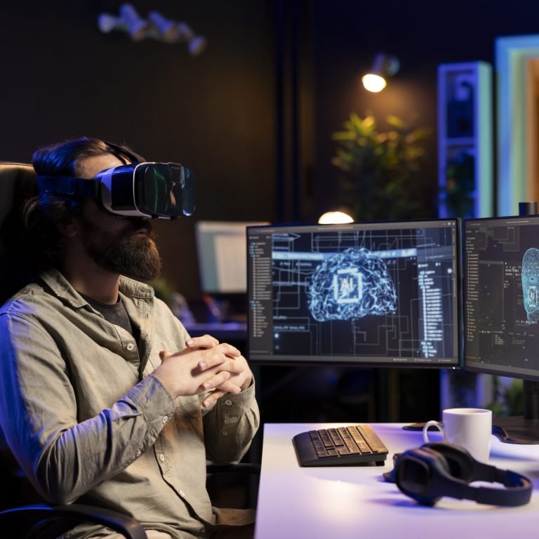 Developer using VR headset to chat with sentient artificial intelligence with own autonomy. Programmer at home talking with conscious AI superintelligence using virtual reality tech